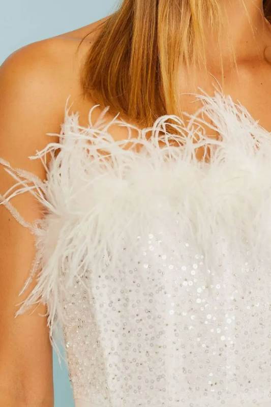 White Faux Feather Mini Dress