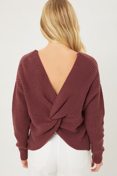 Twist Open Back Sweater - Cherry Stone