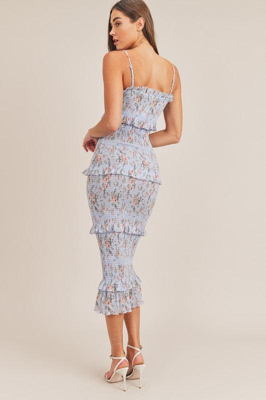 Floral Smocked Ruffle Midi Dress - Blue
