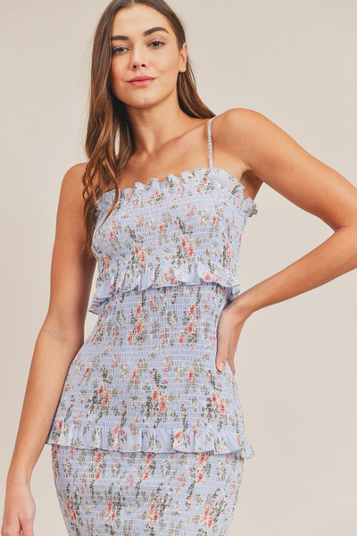 Floral Smocked Ruffle Midi Dress - Blue