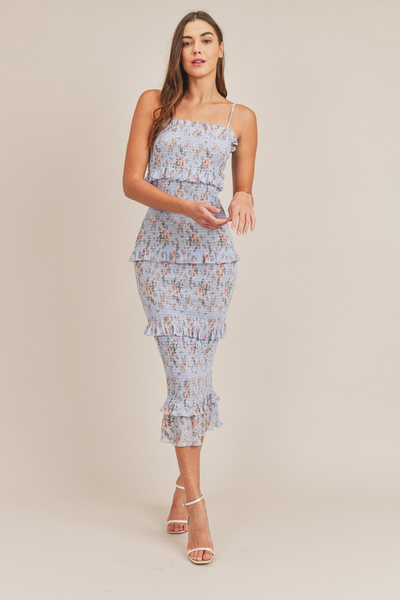 Floral Smocked Ruffle Midi Dress - Blue
