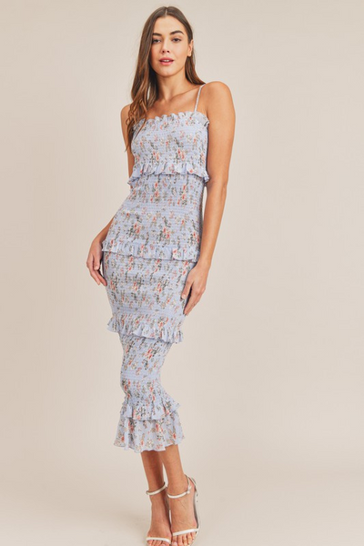 Floral Smocked Ruffle Midi Dress - Blue