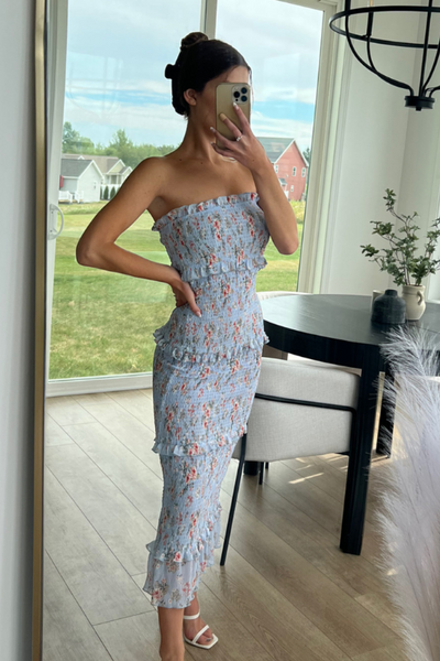 Floral Smocked Ruffle Midi Dress - Blue