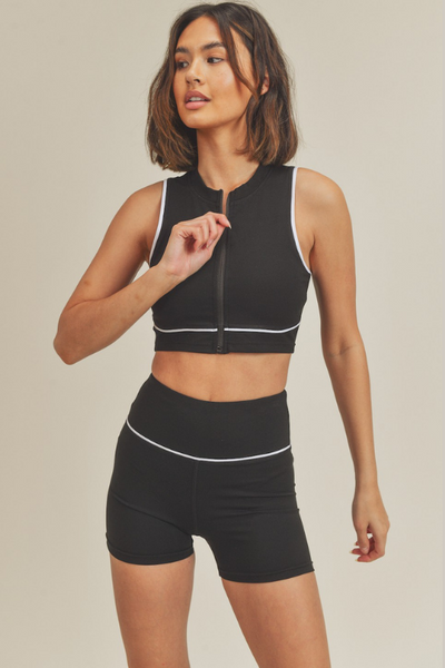Front Zipper Sports Bra & Short Set - Black
