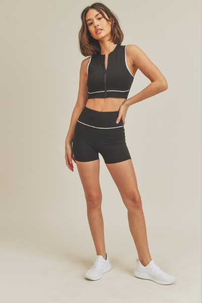 Front Zipper Sports Bra & Short Set - Black
