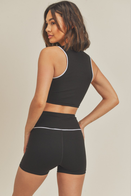 Front Zipper Sports Bra & Short Set - Black