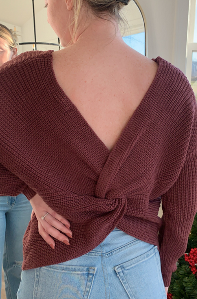 Twist Open Back Sweater - Cherry Stone